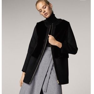 Massimo Dutti Black Wool/Fur Contrast Coat  36 NWT